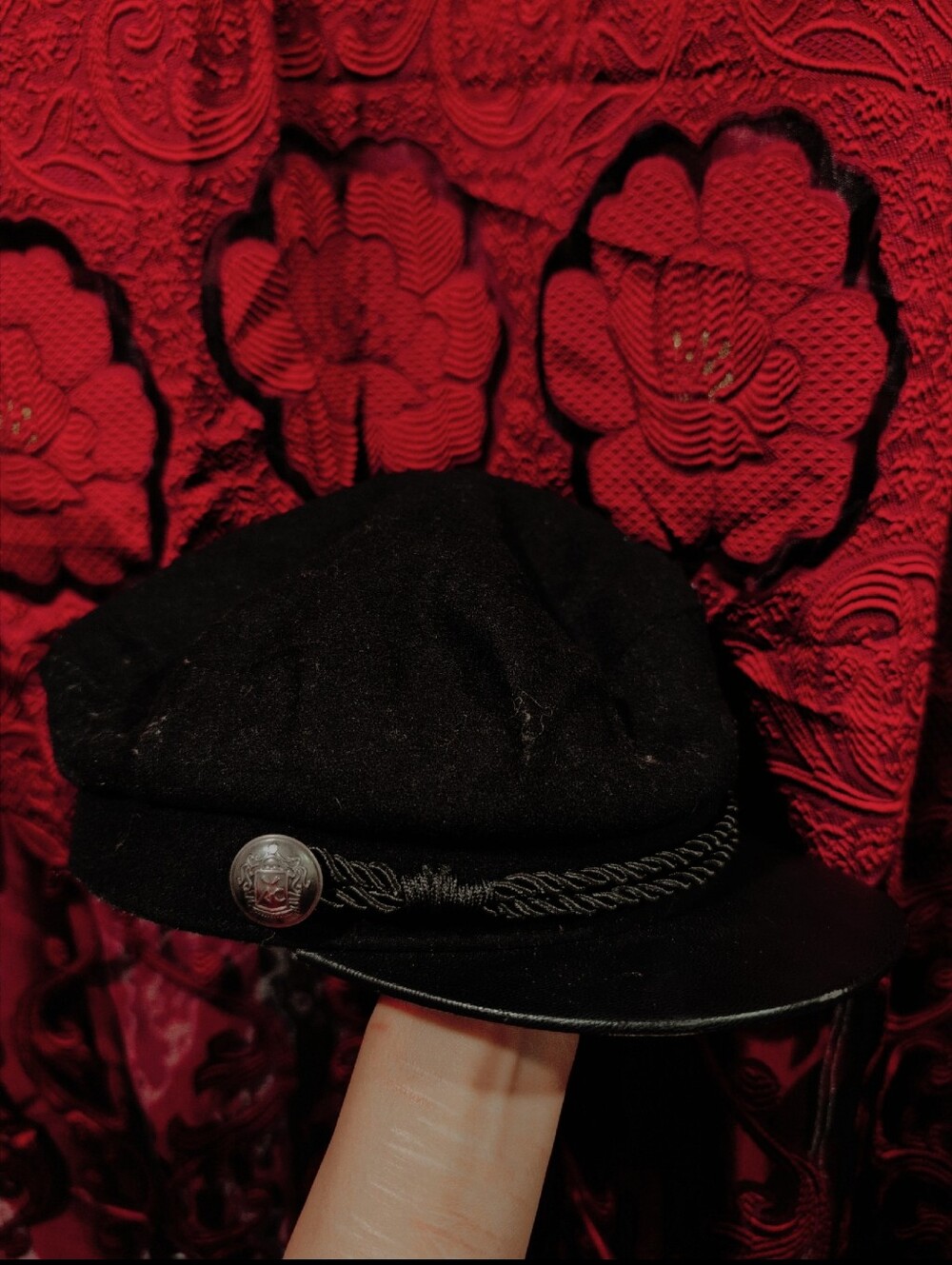 HM Black Fiddler Cap Nautical Sailor Hat Braided Rope Button
